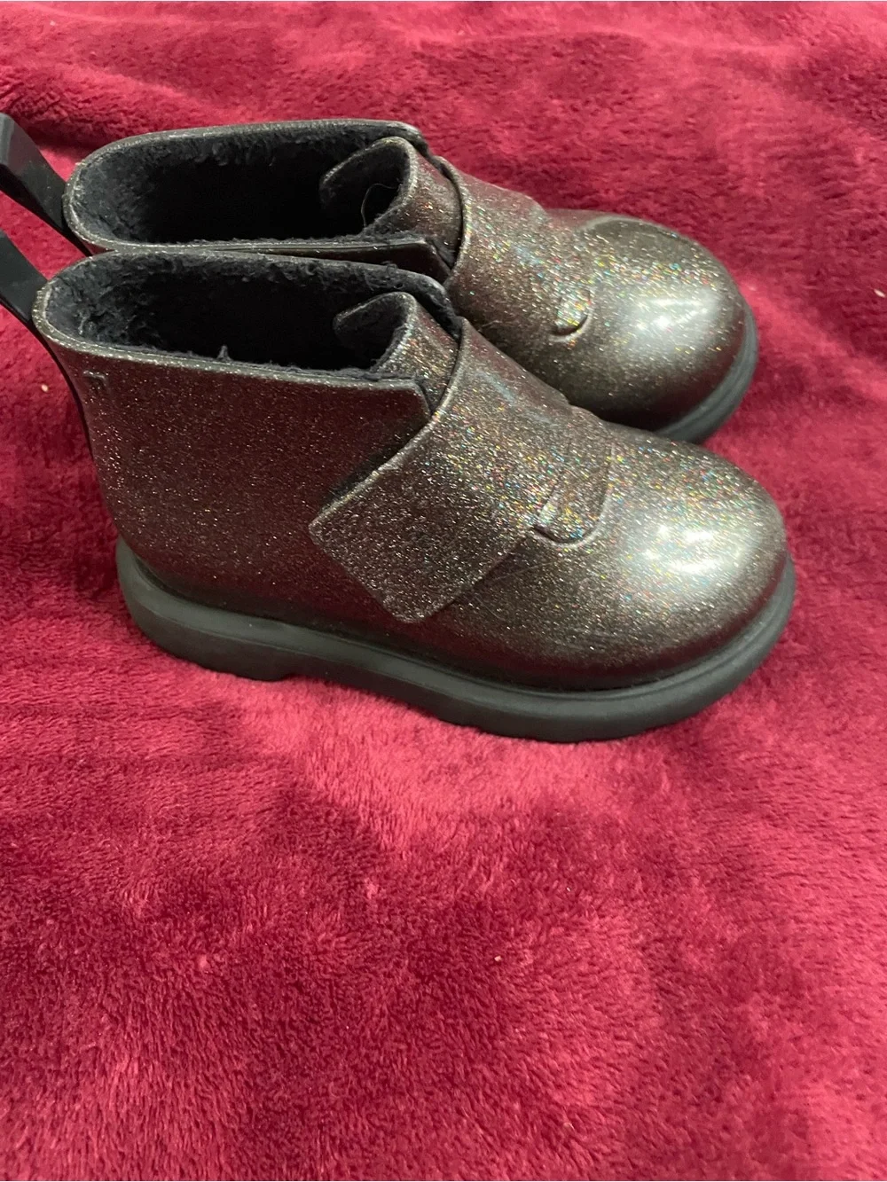 Mini Melissa Chelsea Boots faux‎ fur lined black glitter size girls 8